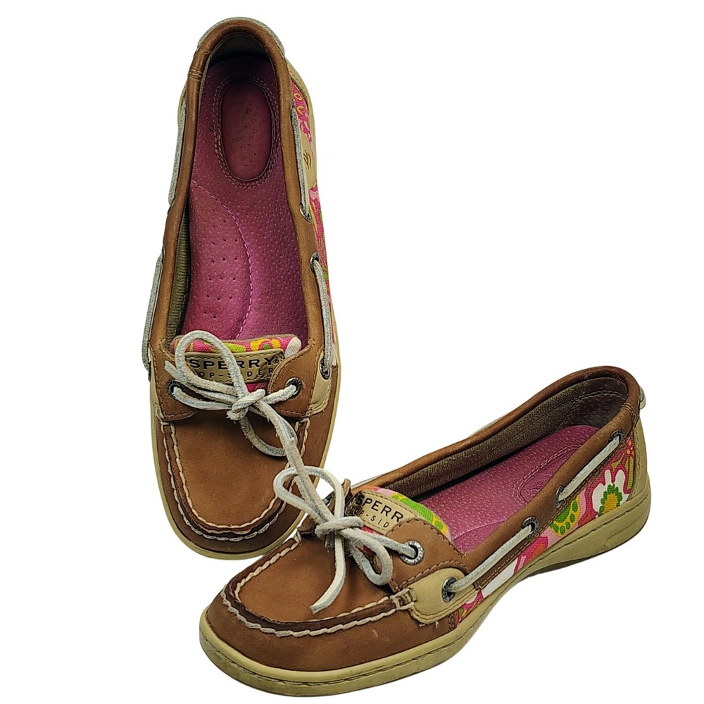 Sperry Top-Sider‎ Womens Brown Leather Pink Floral Canvas Boat Shoes Loafers